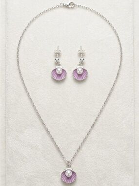Silver Pearl Shell Pendant Necklace & Earrings Set - Lavender